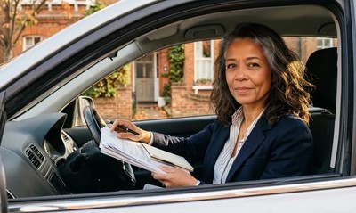 Woman in blazer sits in her car reviewing mortgage paperwork outside a converted flat in autumn light.