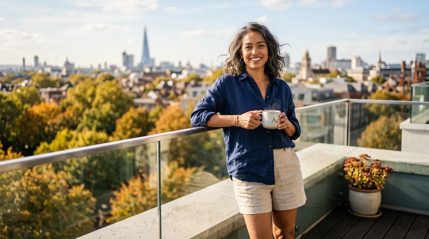 Woman of 52 enjoys coffee on a modern apartment balcony in warm autumn sunlight