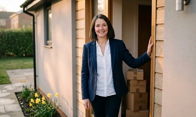 Woman in a blazer smiling at the front door of a bungalow in spring morning light