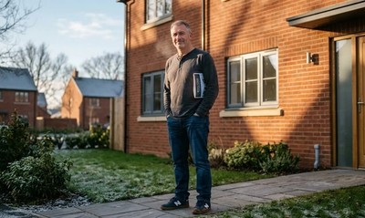 Man in his fifties stands outside a new-build show home on a frosty winter morning