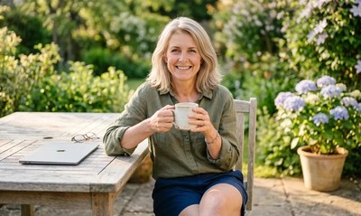 Woman relaxing on spring garden patio with coffee, calm after simplifying her finances