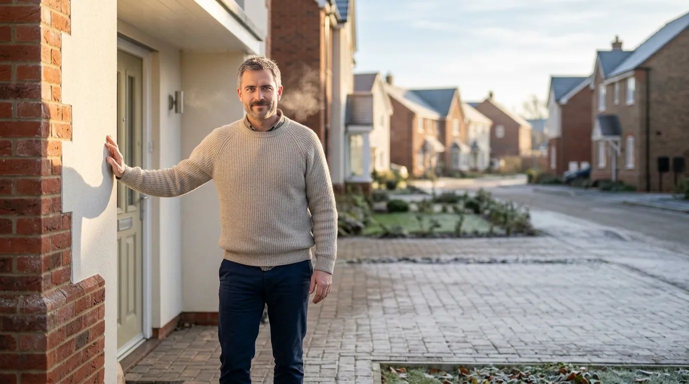 Man in a light knit sweater standing outside a frosty new-build estate show home in winter sunlight