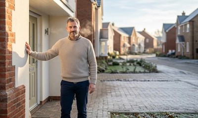 Man in a light knit sweater standing outside a frosty new-build estate show home in winter sunlight