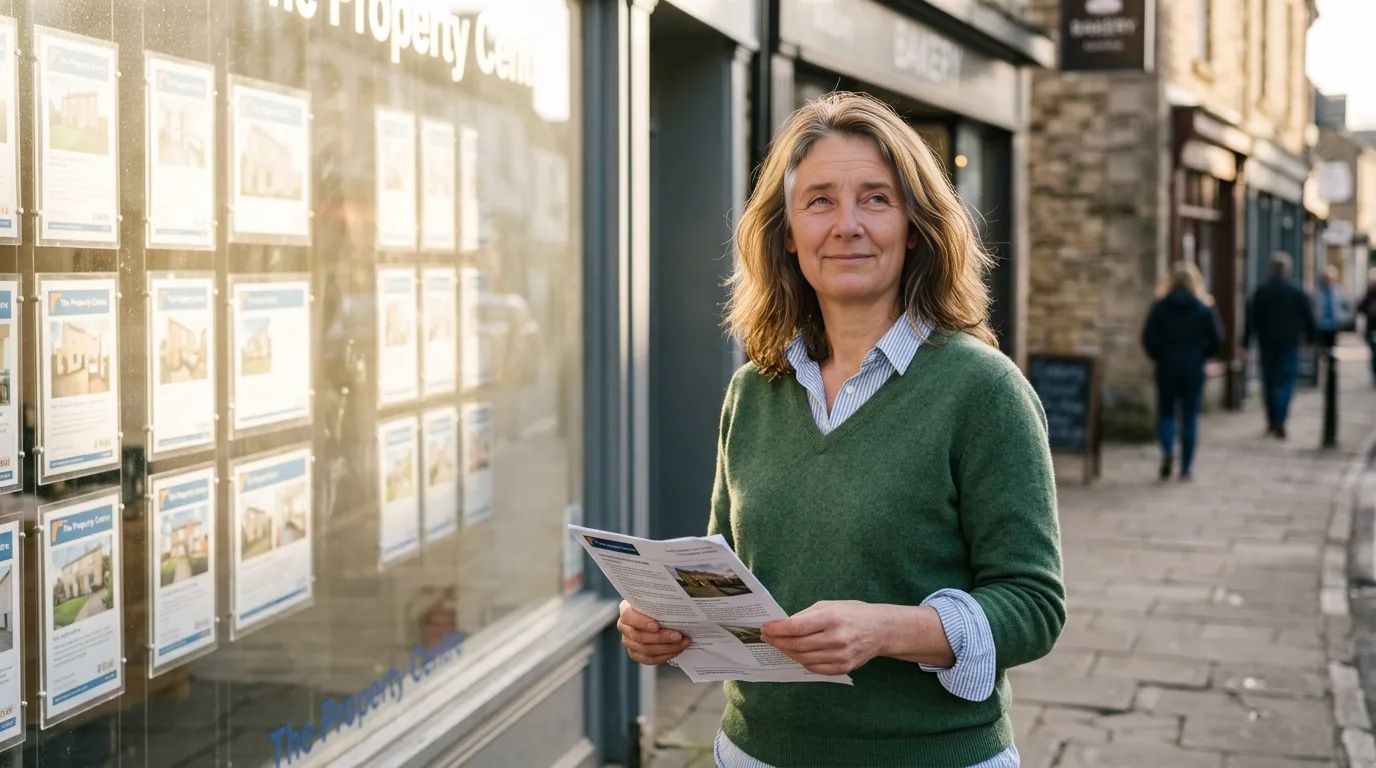Woman in v-neck jumper stands outside estate agent on high street, holding property details in spring morning light