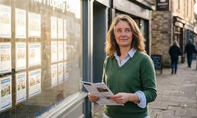 Woman in v-neck jumper stands outside estate agent on high street, holding property details in spring morning light