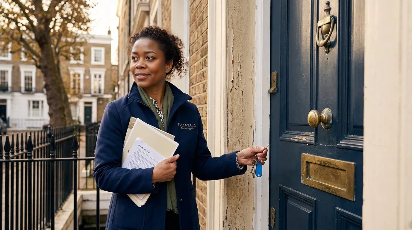Estate agent holding house keys at a Georgian front door during a UK property sale, illustrating gazumping risks