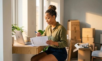 Woman reviewing her first time buyer mortgage paperwork in a sunlit new-build home office