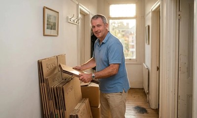 Man in polo shirt stacking moving boxes in the sunlit hallway of a converted period flat