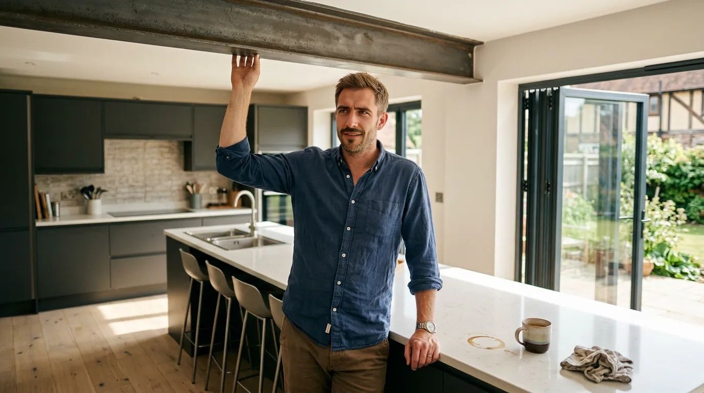 Man in his new-build kitchen touching an exposed steel beam in warm morning sunlight