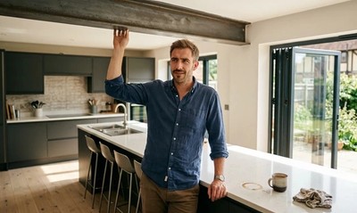 Man in his new-build kitchen touching an exposed steel beam in warm morning sunlight