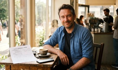 Man in rolled-up shirt reviews first time buyer scheme notes over coffee in a sunlit café