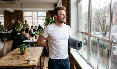 Man in white t-shirt stretching by a window in a co-working space on a winter morning, radiating quiet vitality.