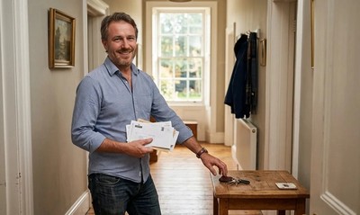 Man in his fifties standing in the sunlit hallway of his newly bought converted flat, holding keys