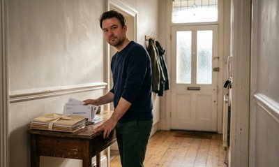 Man in white t-shirt standing in sunlit hallway of a period conversion flat holding mortgage documents