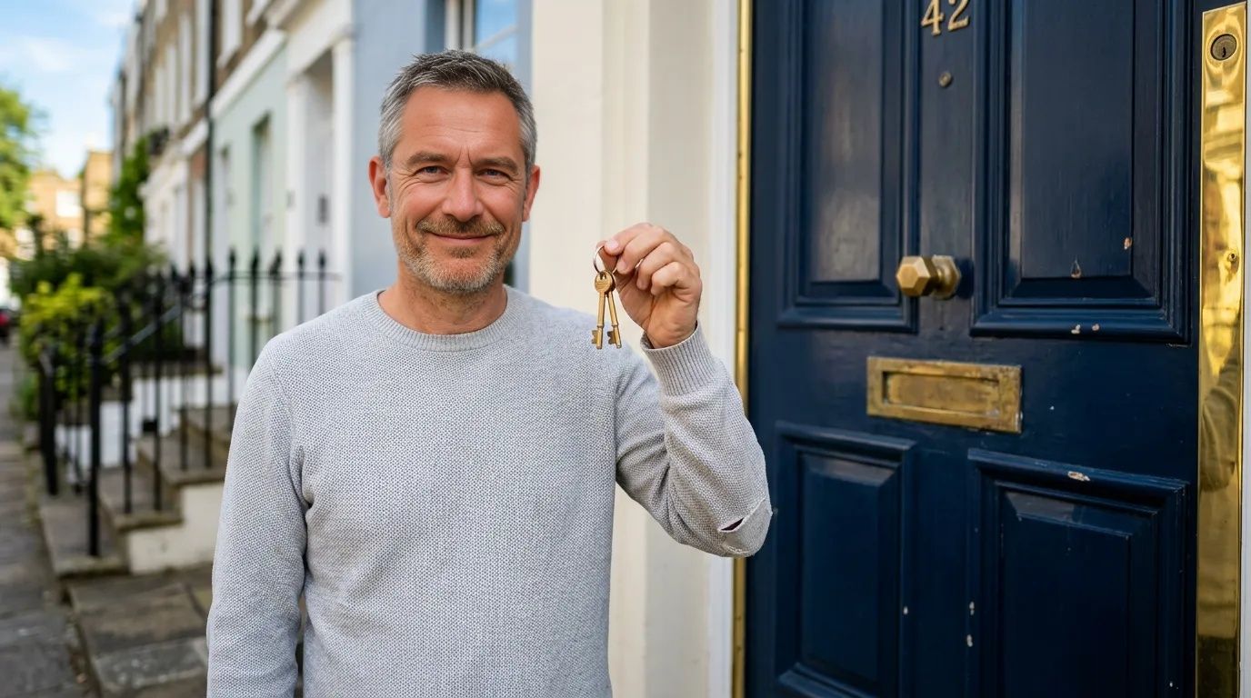 Man in knit sweater holding house keys on doorstep of Georgian home on completion day
