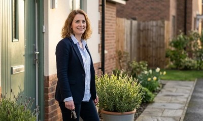 Woman in a blazer smiling at the front door of a bungalow on a bright spring morning