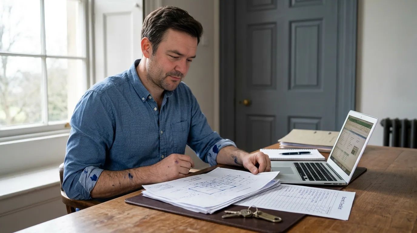Man reviewing conveyancing solicitor comparison documents and house keys at a desk