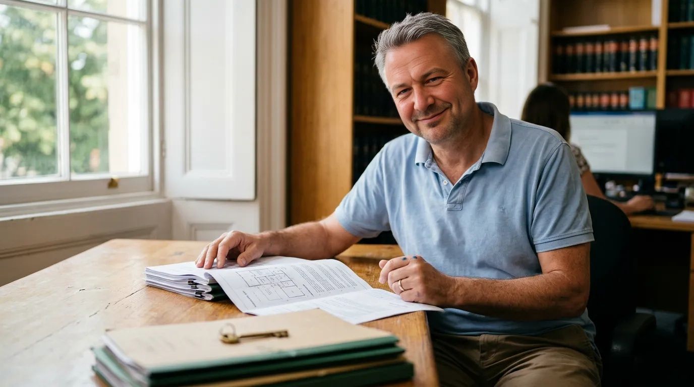 Man in polo shirt reviewing leasehold conveyancing contracts at a sunlit solicitor's desk with a key nearby