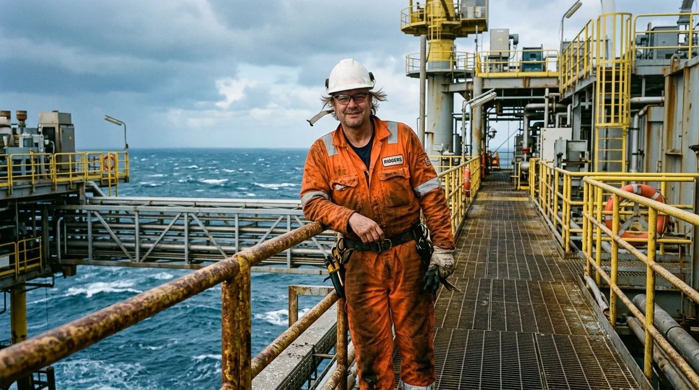 Offshore contractor in hi-vis overalls standing on a North Sea oil rig platform