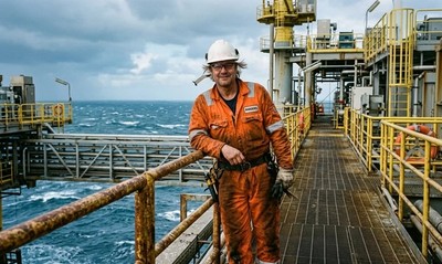 Offshore contractor in hi-vis overalls standing on a North Sea oil rig platform