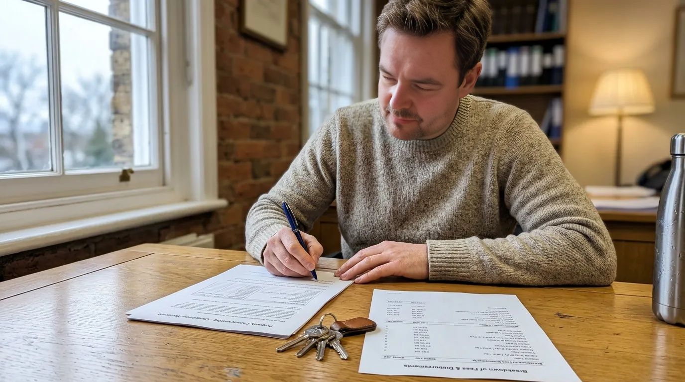 Man in knit sweater reviewing conveyancing fee documents and house keys at a solicitor's desk in winter light
