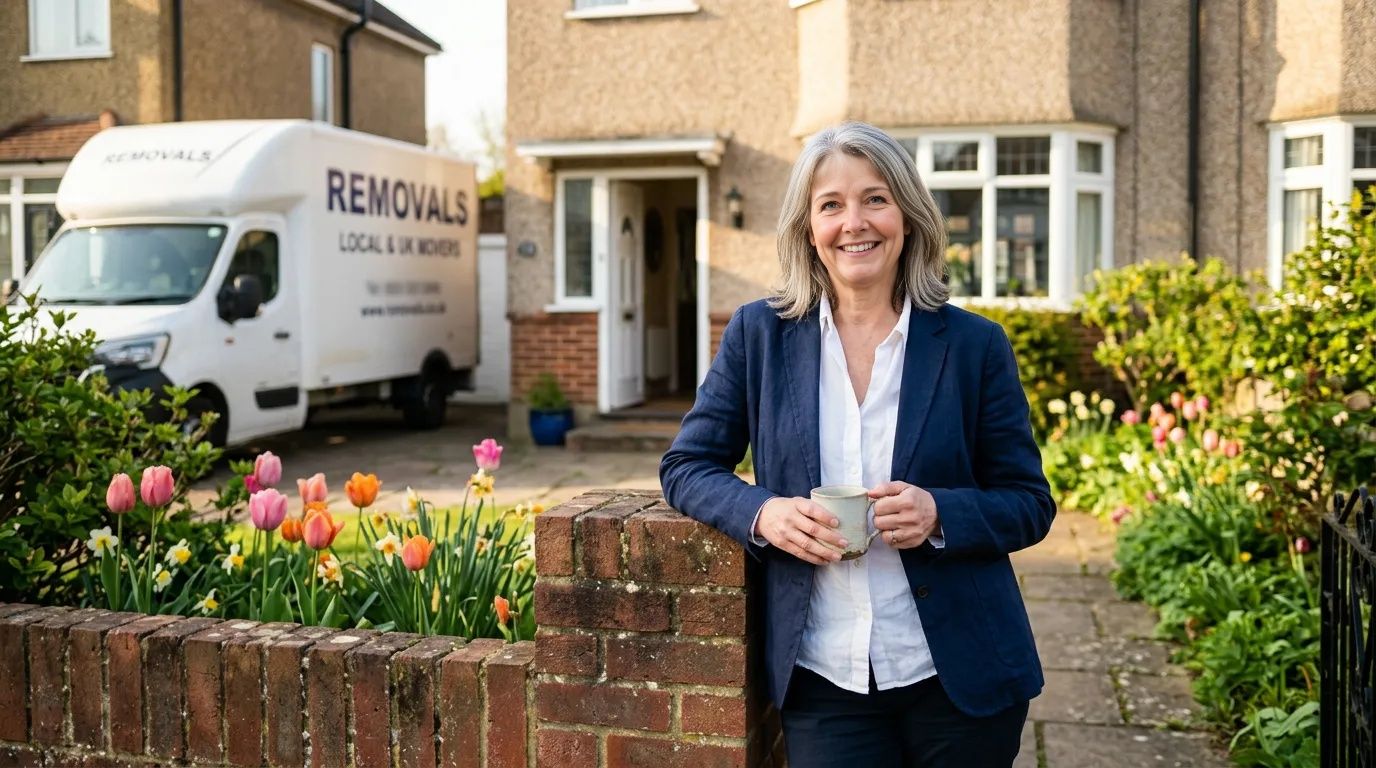 Woman in blazer smiles in front garden of suburban semi-detached home in spring sunlight