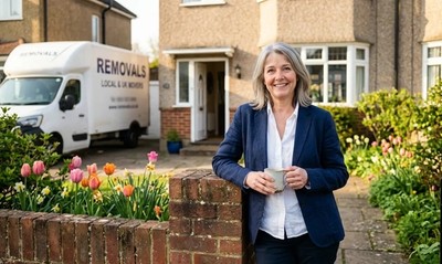 Woman in blazer smiles in front garden of suburban semi-detached home in spring sunlight