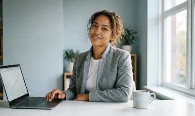 Woman in open-collar suit smiles with relief at a tidy desk in a bright home office