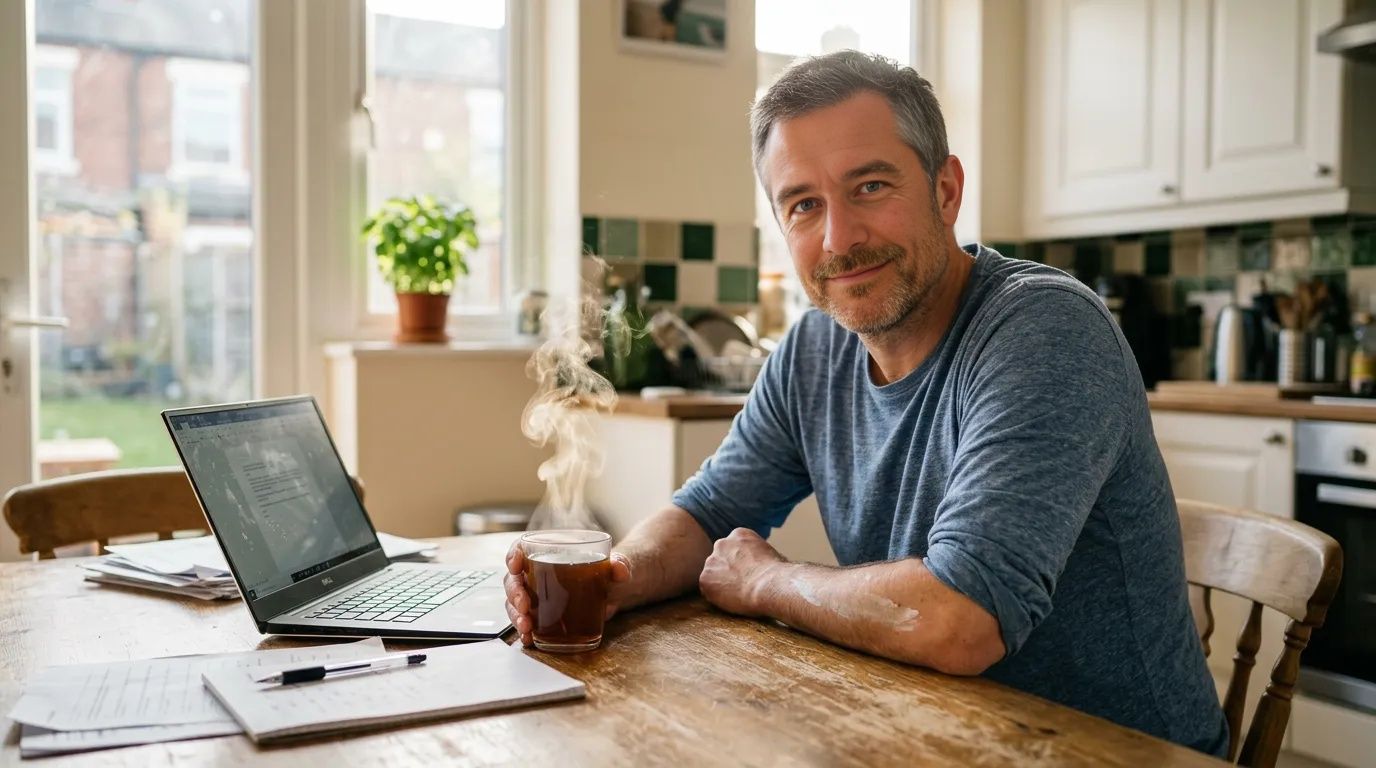 Man in his forties at kitchen table in a terraced house reviewing paperwork in warm morning sunlight
