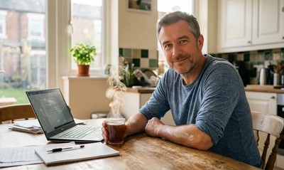 Man in his forties at kitchen table in a terraced house reviewing paperwork in warm morning sunlight