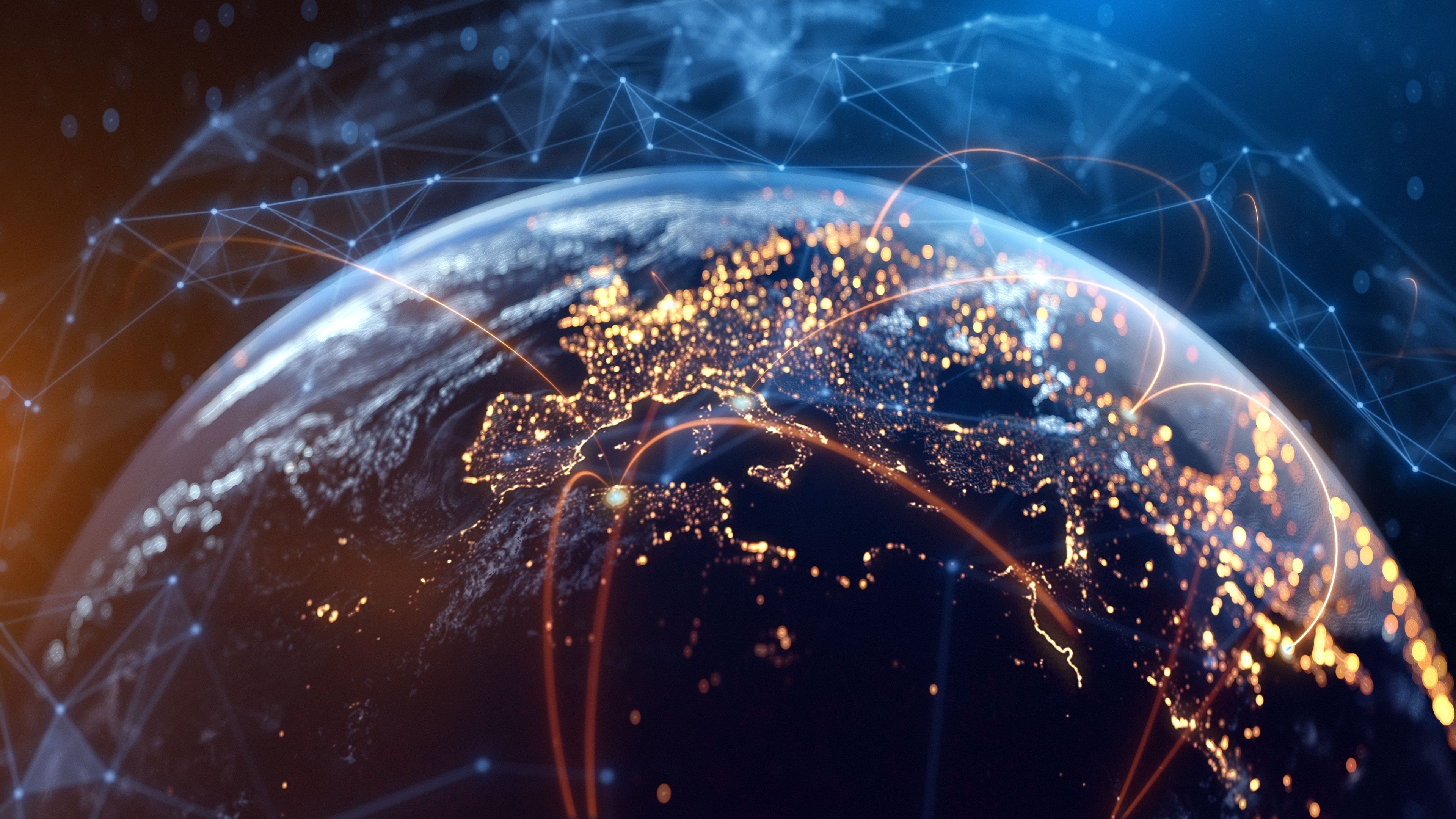 Global Connection Lines. Network Data Transfer Over Earth. Futuristic AI Technology