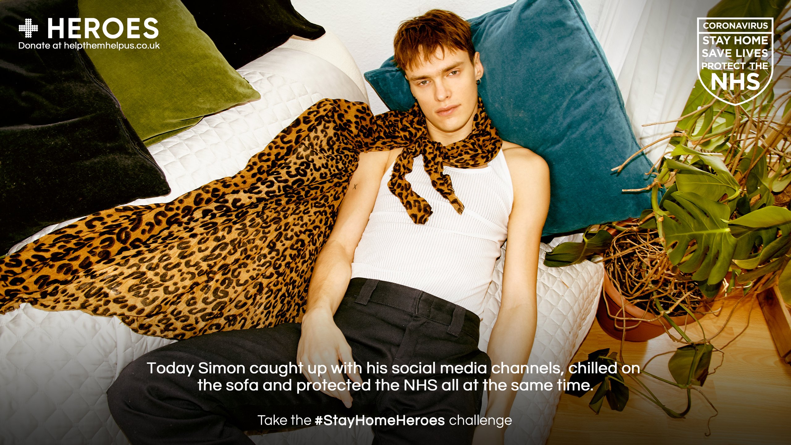Young man in leopard print scarf and white vest reclining on sofa for Stay Home Heroes