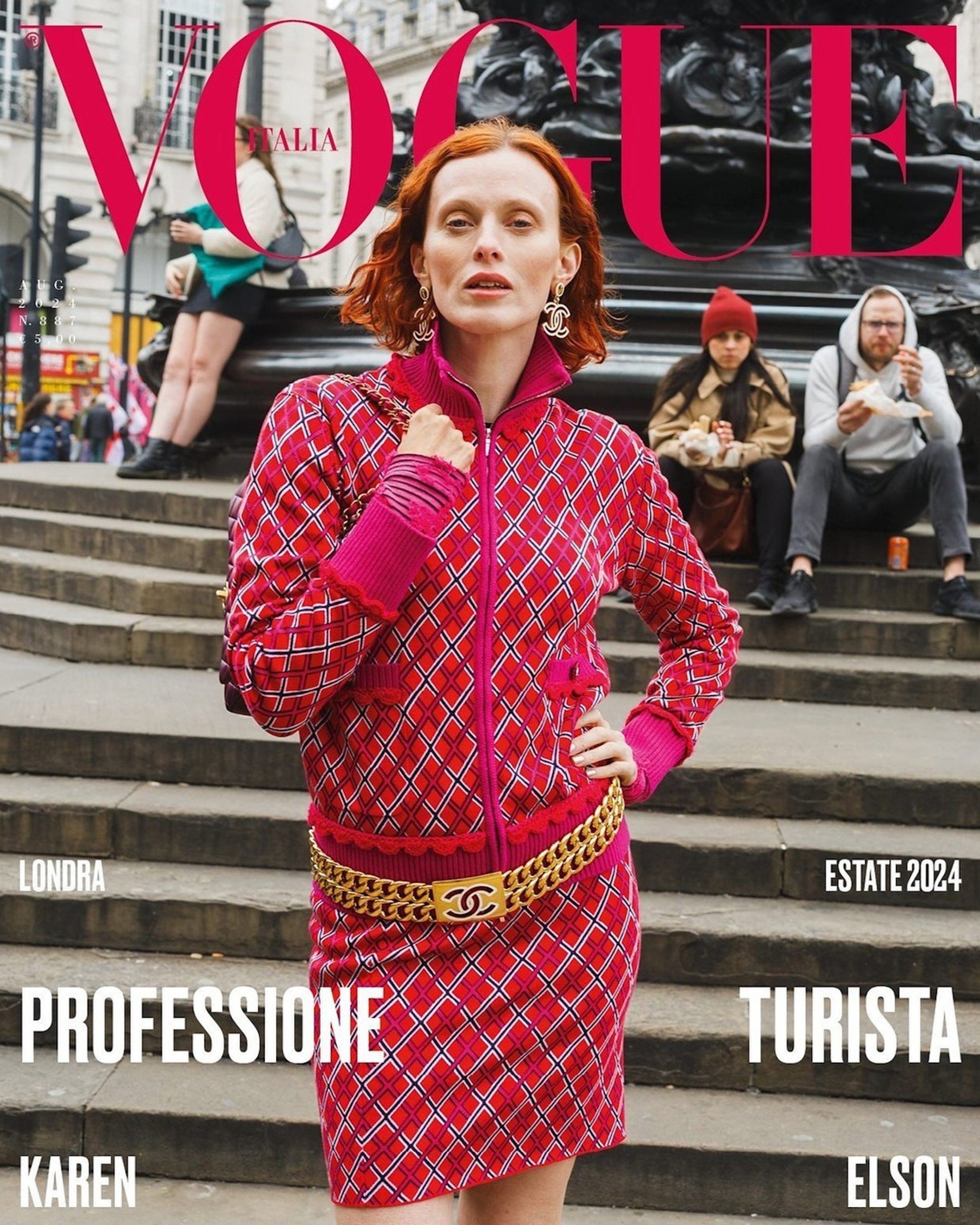 Karen Elson on Vogue Italia cover in Chanel red tracksuit at Piccadilly Circus steps