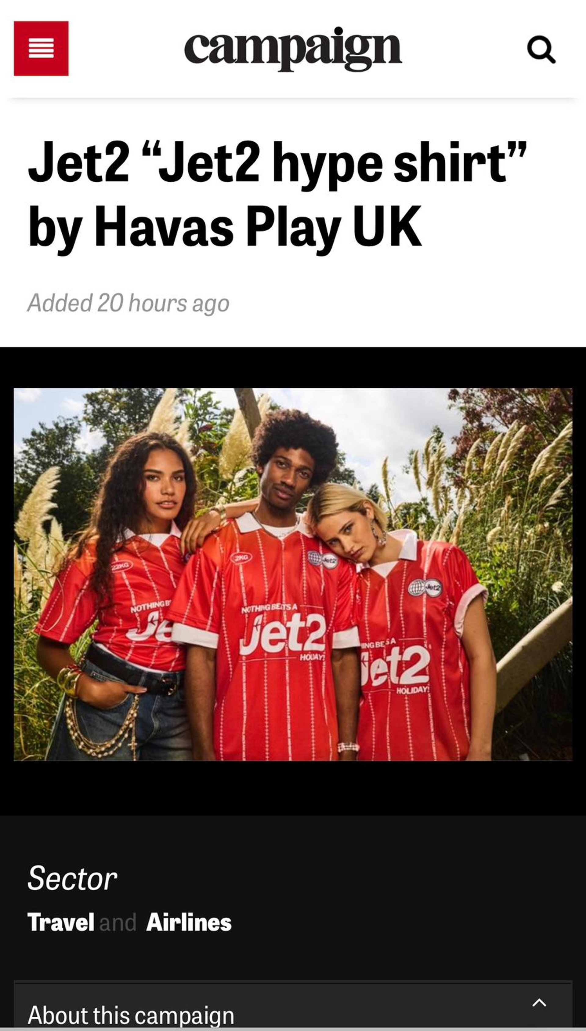 Campaign magazine screenshot of Jet2 hype shirt article with three models in red football jerseys among reeds