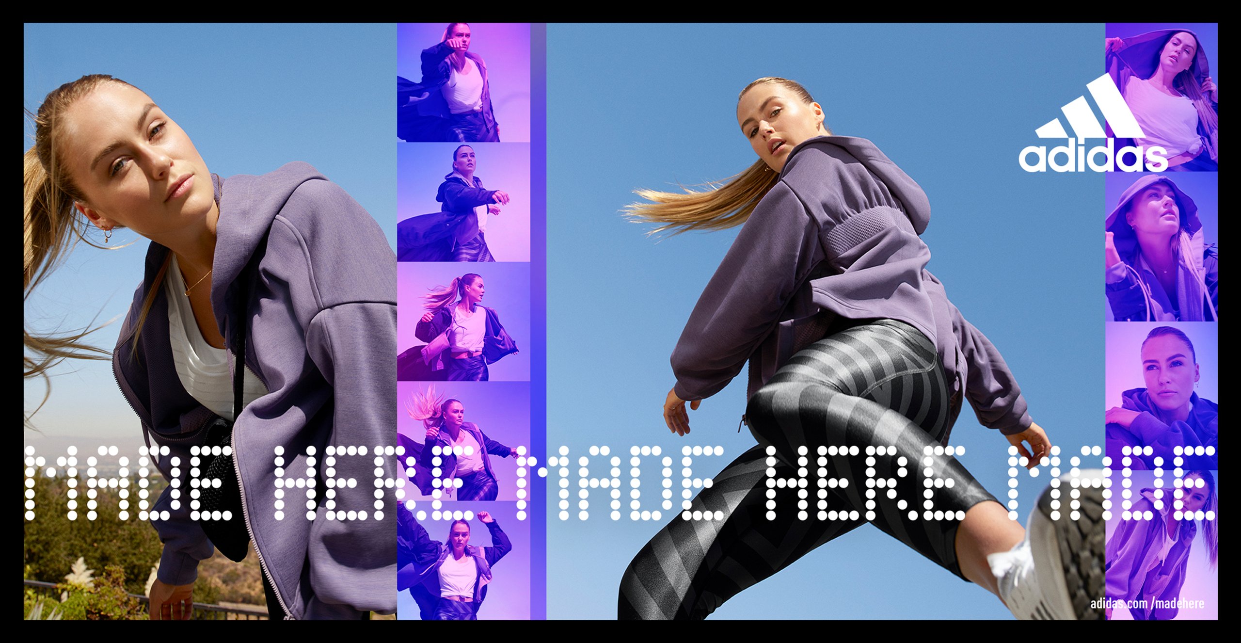 adidas Made Here campaign banner with female athlete running in purple hoodie and check leggings