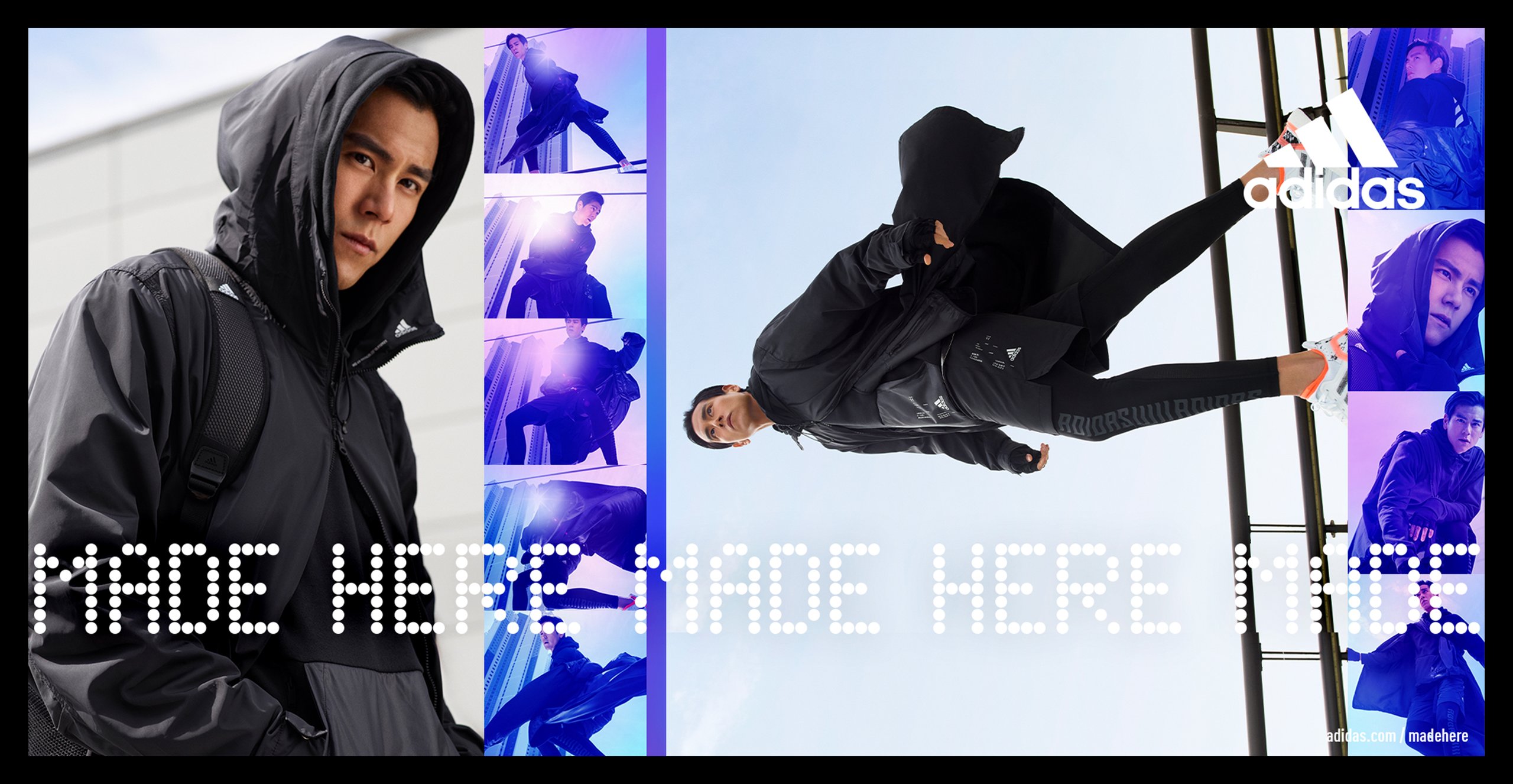 adidas Made Here campaign banner with male athlete in black hooded jacket and parkour action shots