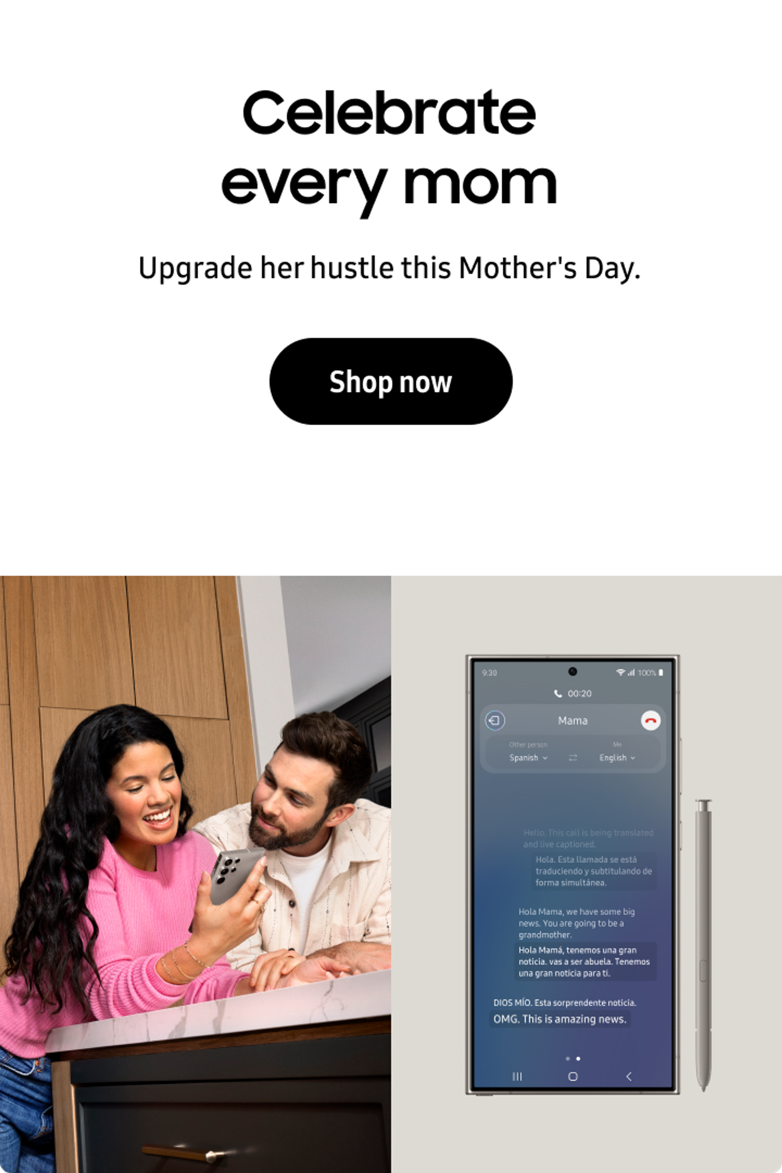 Samsung Celebrate Every Mom campaign banner with mother and daughter using Galaxy phone