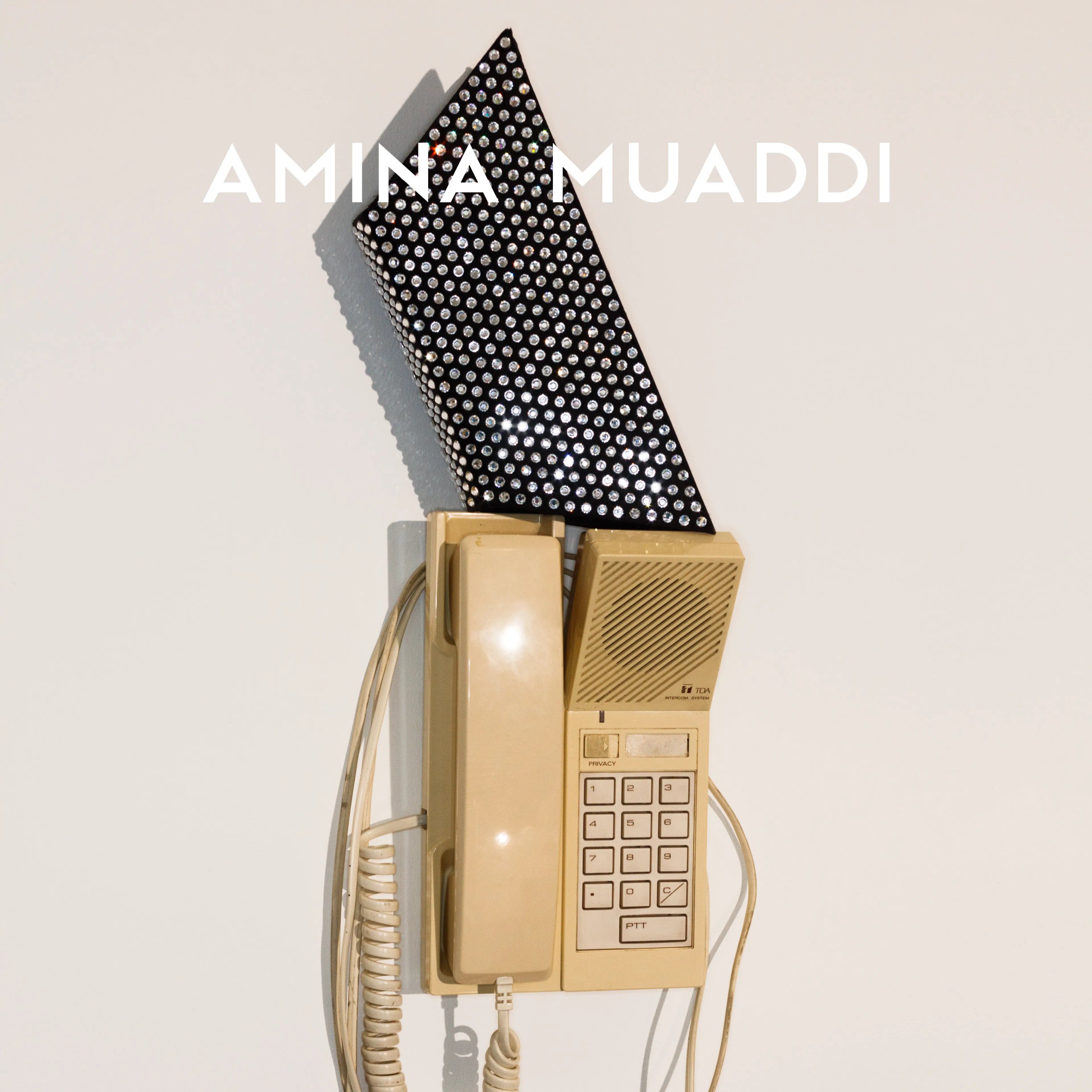 Amina Muaddi black crystal clutch perched on retro wall-mounted telephone