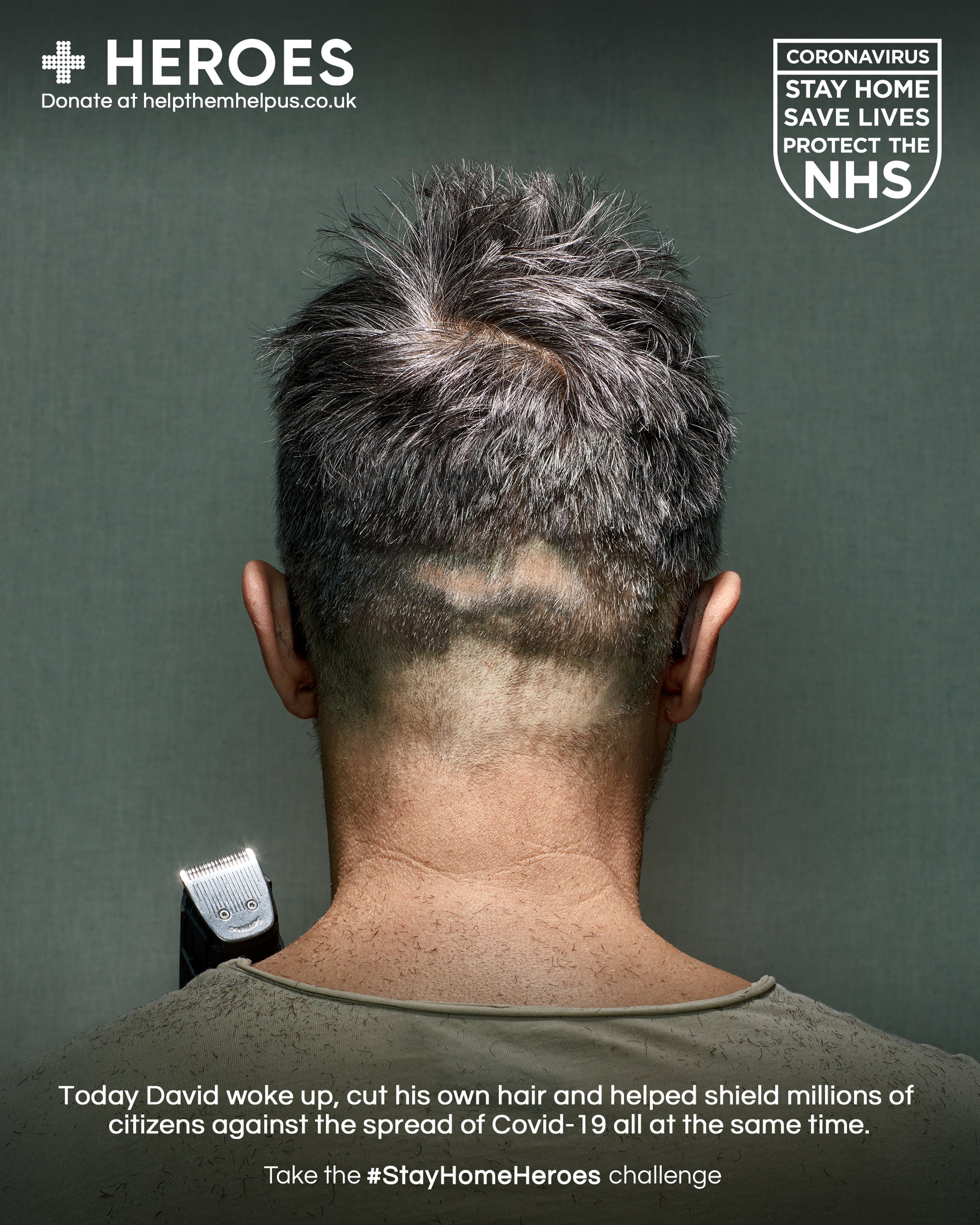 Back of man's head with half-shaved lockdown haircut holding clippers for Stay Home Heroes