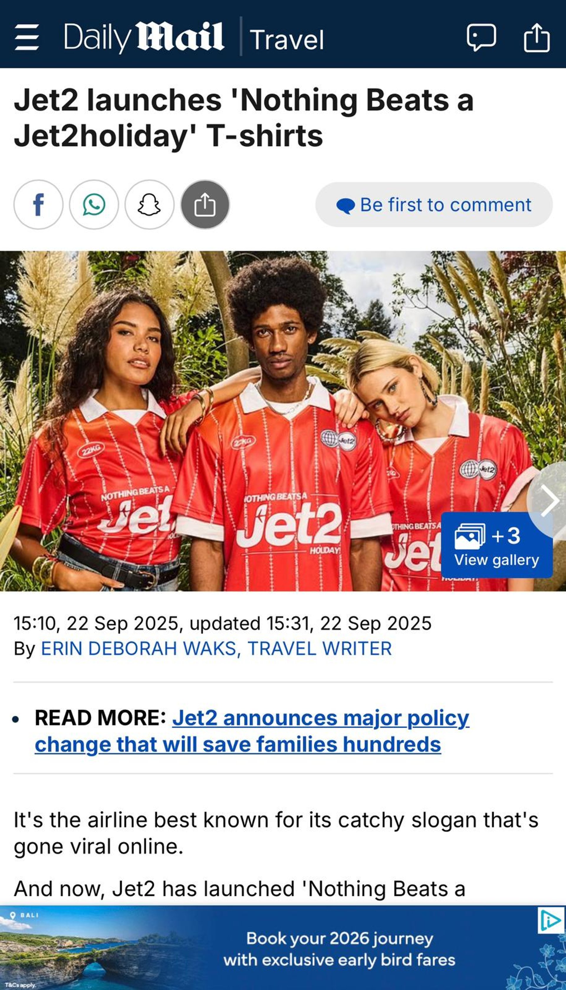 Daily Mail article screenshot of Jet2 Nothing Beats a Jet2holiday T-shirt launch with models in red jerseys