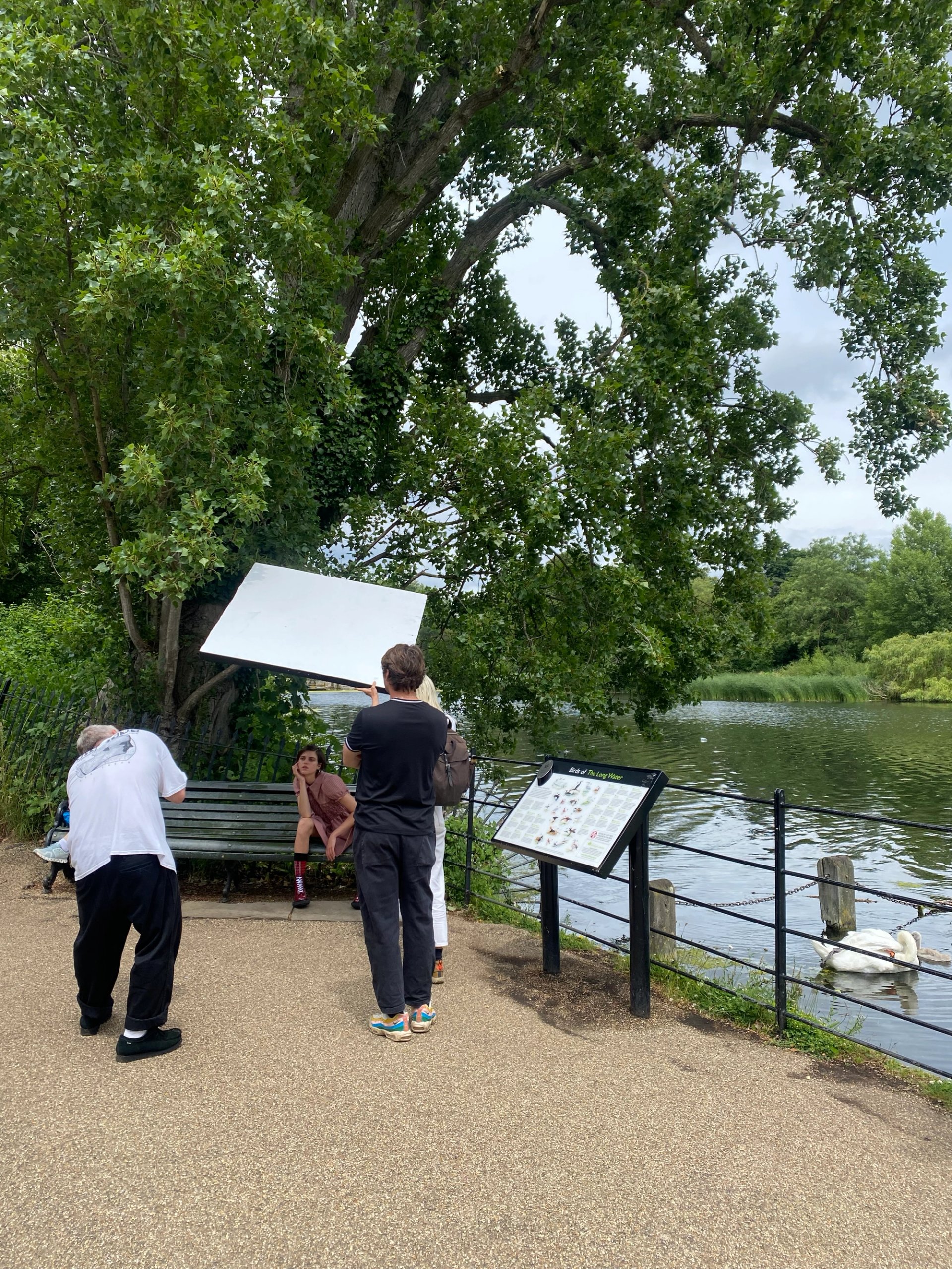 Production crew with reflector board photographing model seated on park bench by lake with swans
