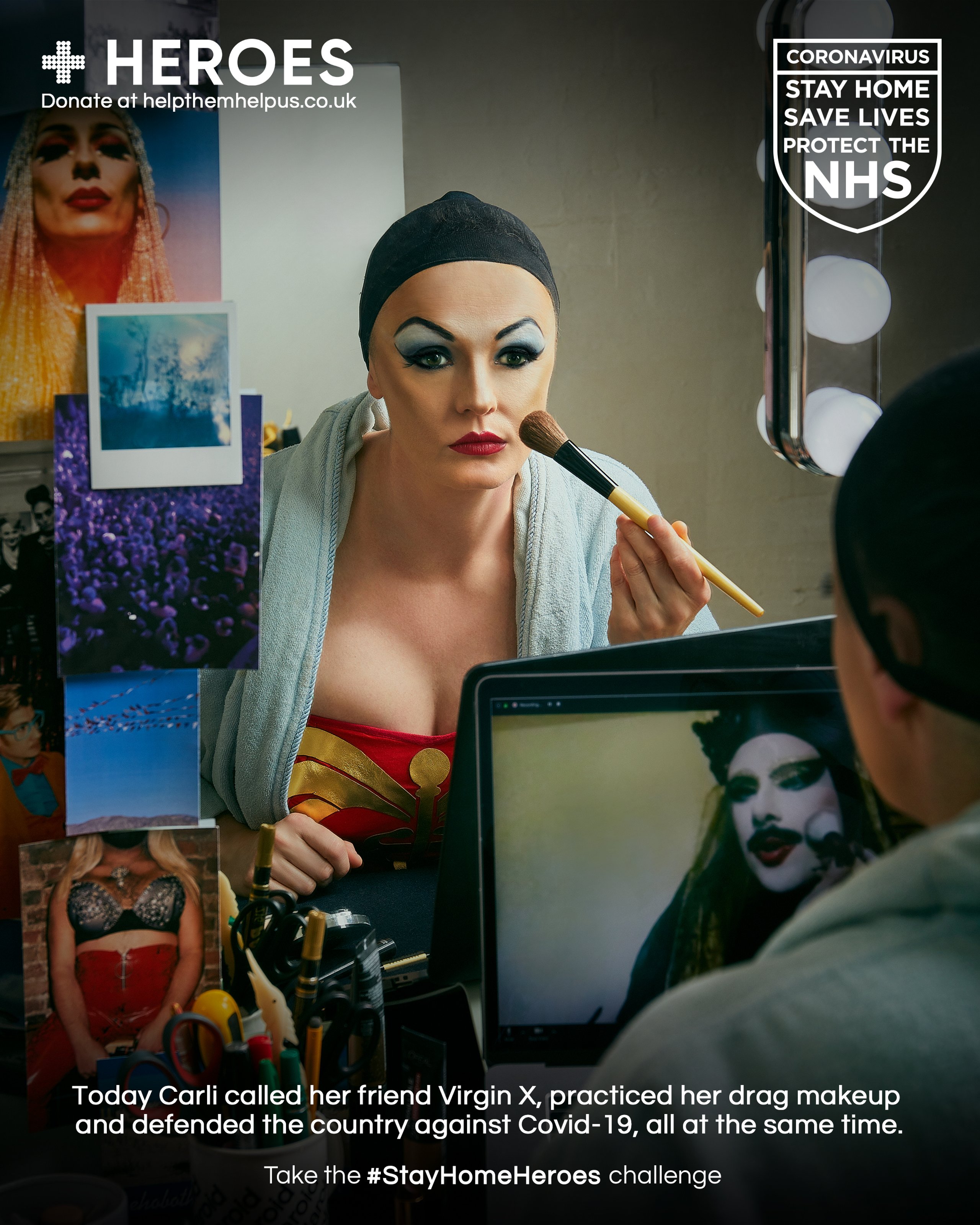Drag artist applying makeup at mirror in Wonder Woman costume for Stay Home Heroes campaign