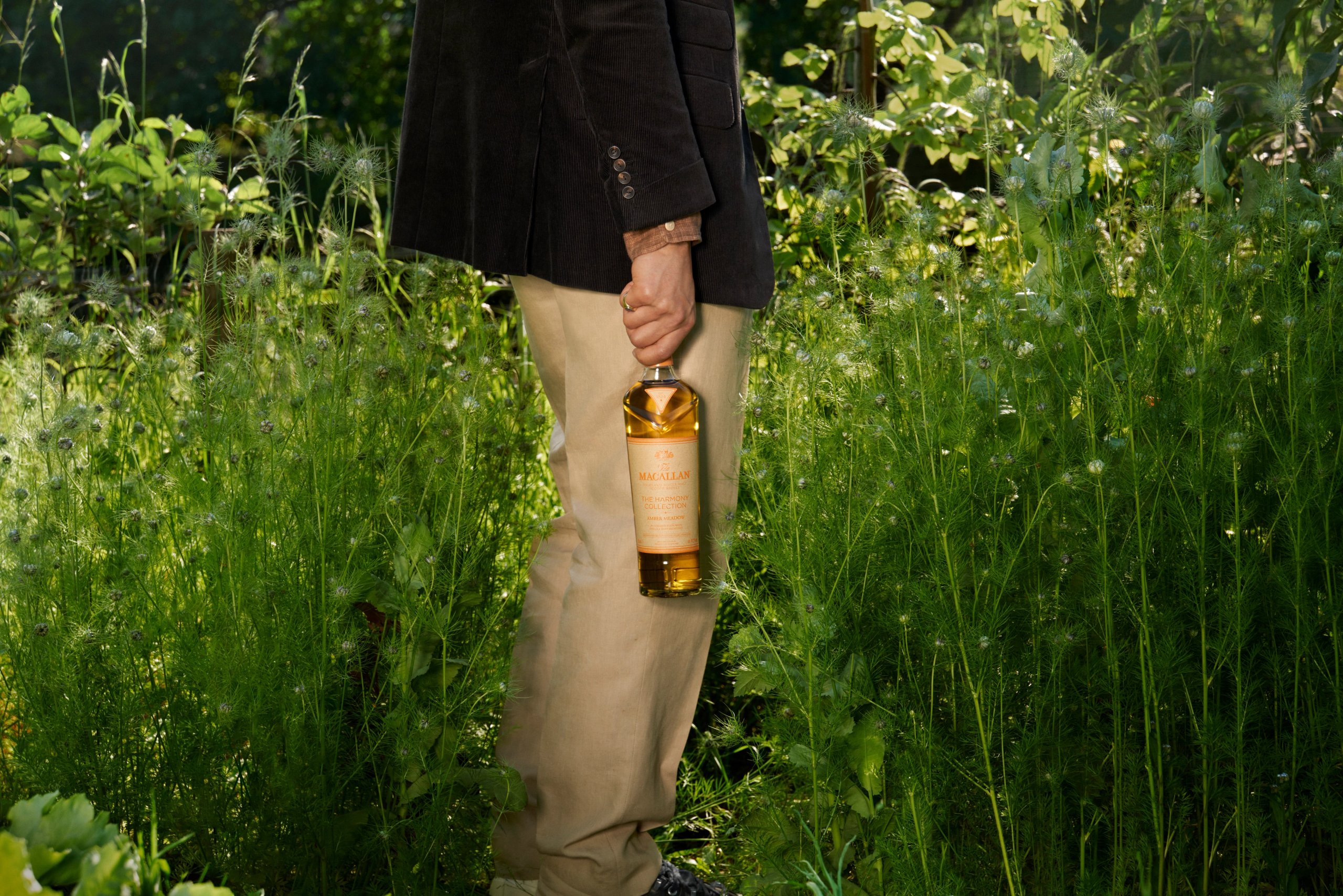 Person holding Macallan Harmony Collection bottle while walking through overgrown garden meadow