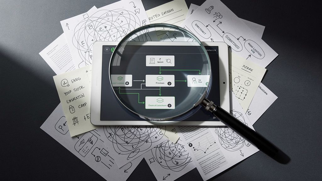 Lupa sobre un mapa de procesos en papel desordenado que revela un flujo digital claro en una tableta, simbolizando la auditoría antes del software.