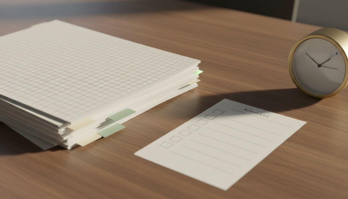 Impresiones de hojas de cálculo con pestañas duplicadas sobre una mesa de madera; un reloj de escritorio al fondo y una tarjeta con casillas vacías.