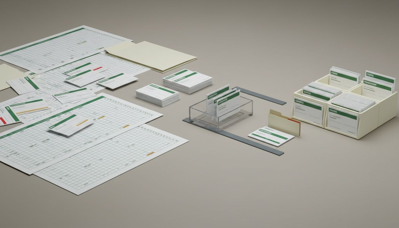 Hojas de datos desordenadas y registros duplicados se clasifican hasta formar una estructura limpia y modular preparada para un CRM.