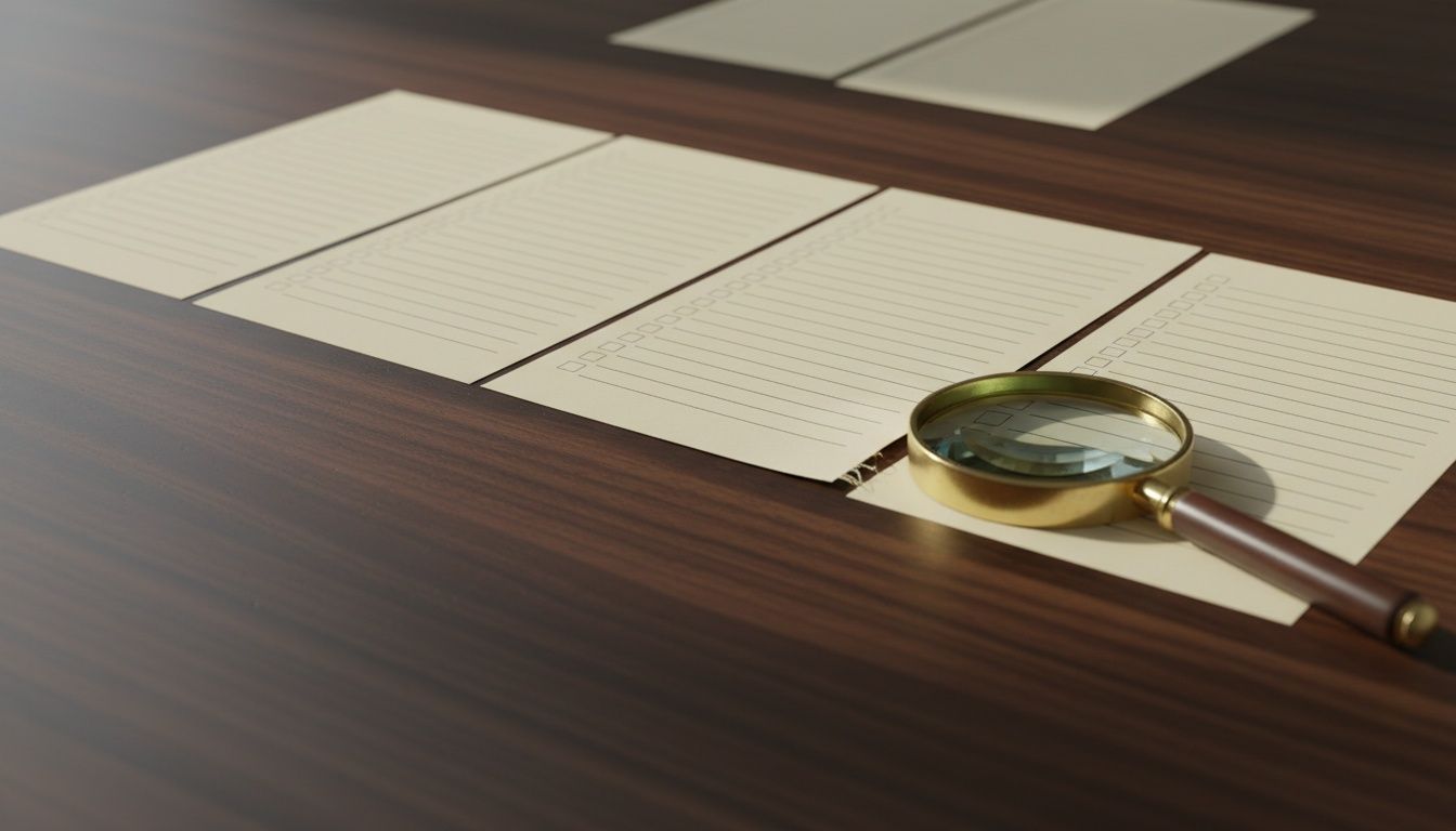 Documentos con casillas vacías en fila sobre madera oscura; una lupa inspecciona la esquina doblada de una hoja, punto de fricción sin textos.