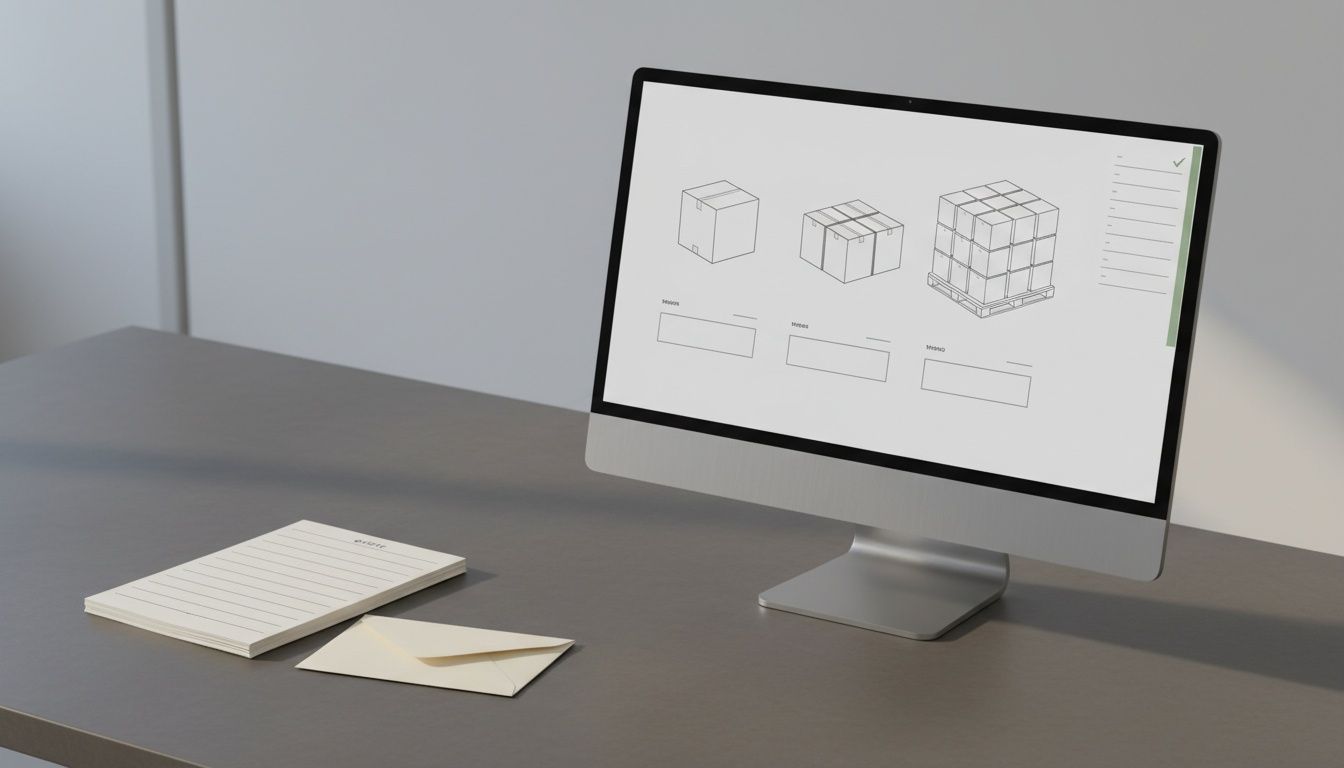Portal privado en pantalla con un mismo envase en caja individual, bloque y tarima, junto a un sobre y hojas de cotización en blanco; sin texto ni logos.