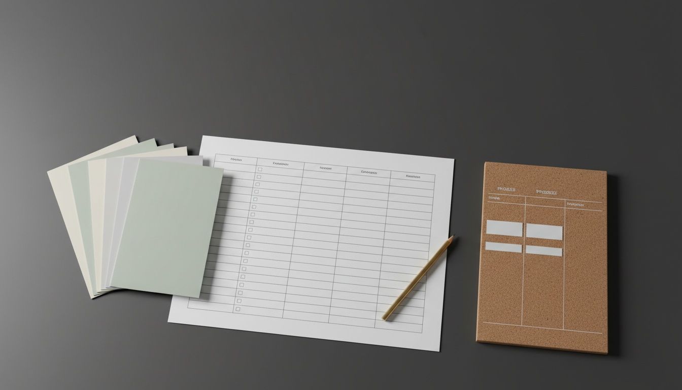 Matriz de evaluación vacía sobre escritorio con propuestas en blanco y tablero de proceso sin tareas.
