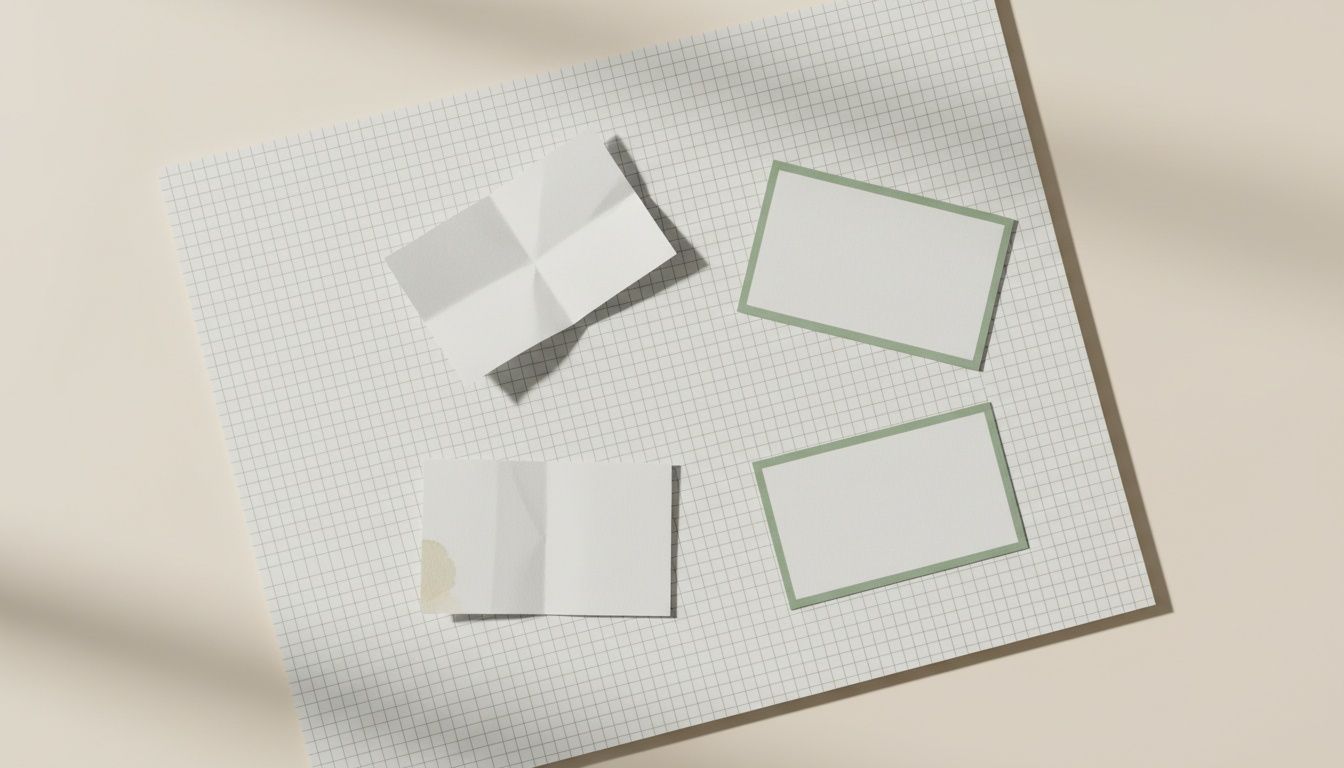 Tres tarjetas en blanco duplicadas sobre una cuadrícula vacía convergen en una tarjeta única alineada con borde verde, simbolizando la limpieza de datos antes d